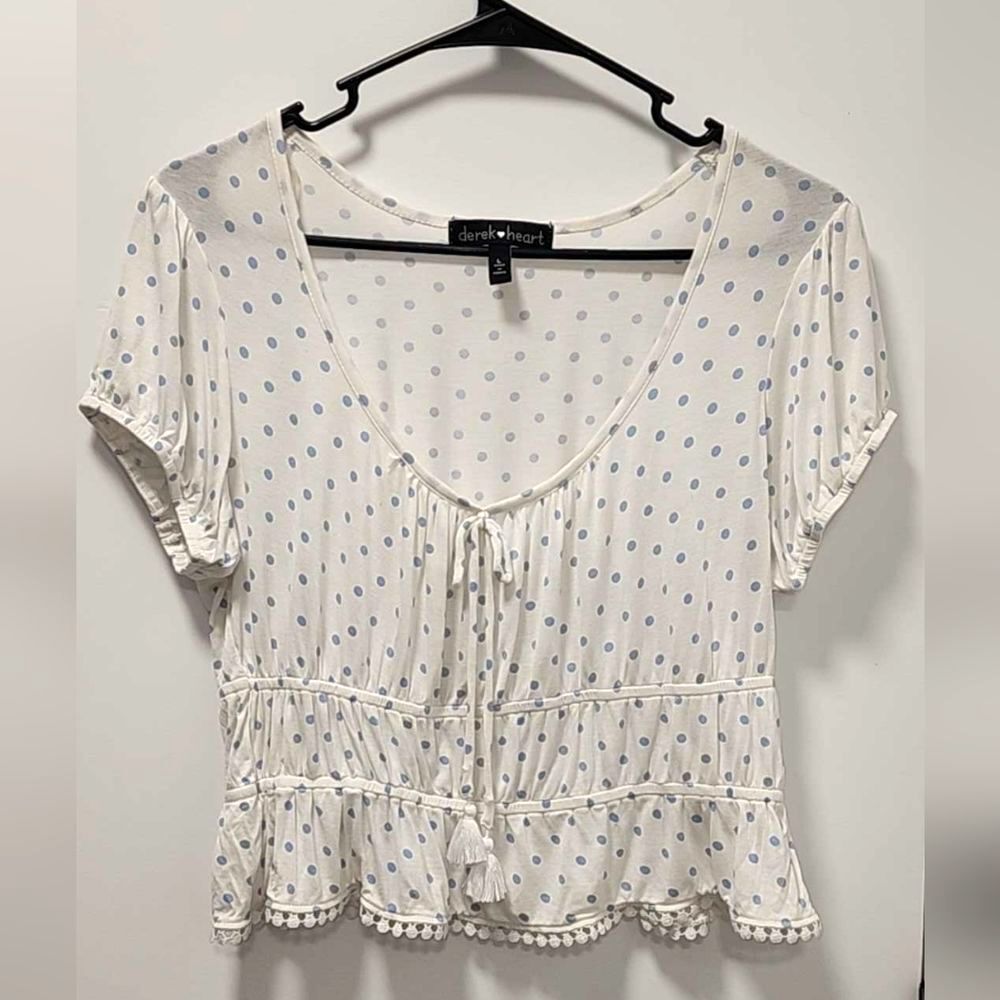Derek Heart White and Blue Polka Dot Blouse